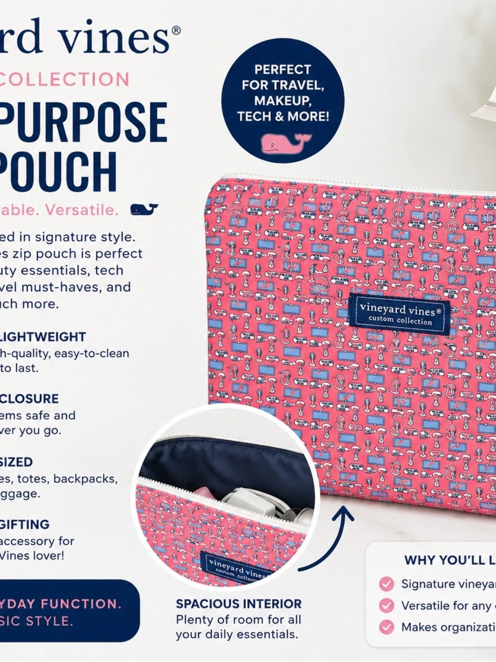 Vineyard Vines Pink Whale-Print Tech Pouch
